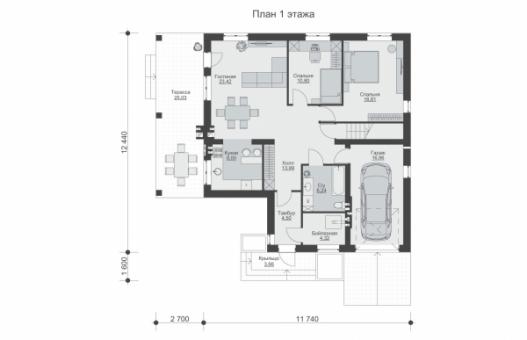 Одноэтажный дом с мансардой, террасой и гаражом